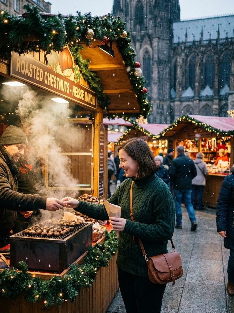woman in dark green knit sweater and crossbody bag buying roasted chestnuts at a Christmas market stall