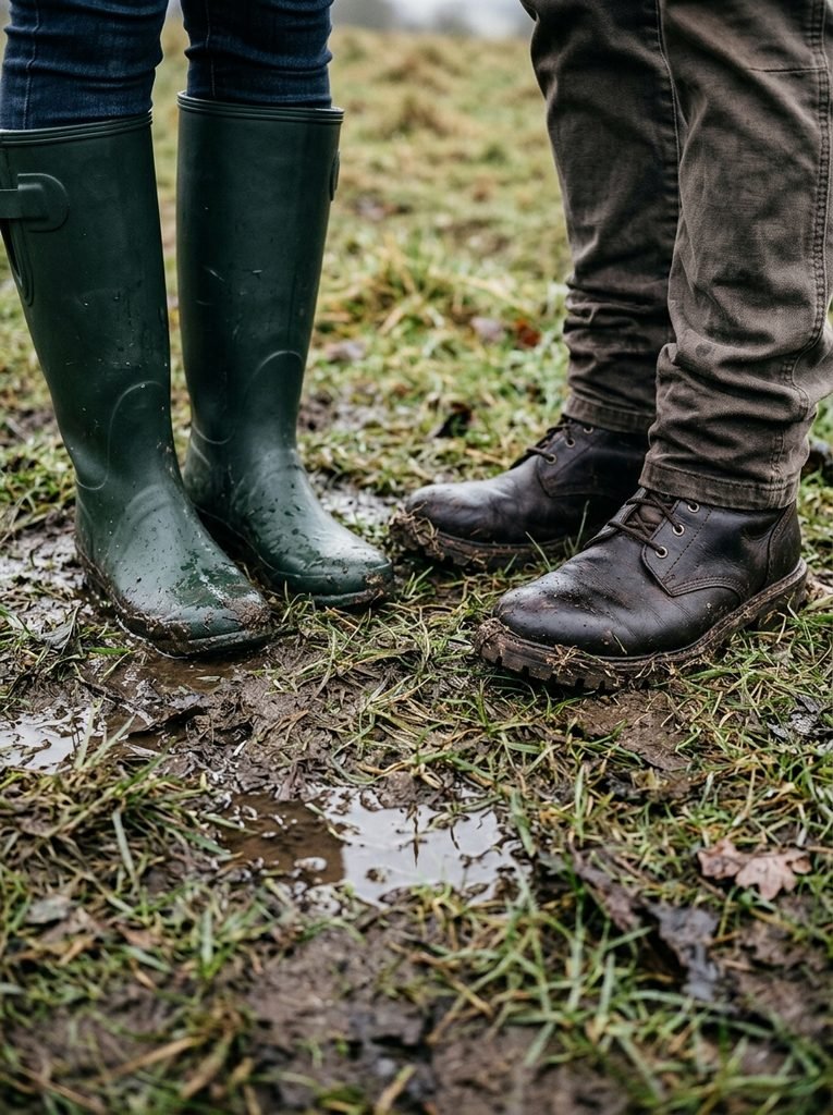 Green wellies and lugged-sole leather ankle boots on wet muddy grass