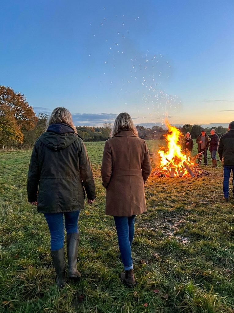 Two women in a wool coat and a waxed jacket walking toward a bonfire at dusk