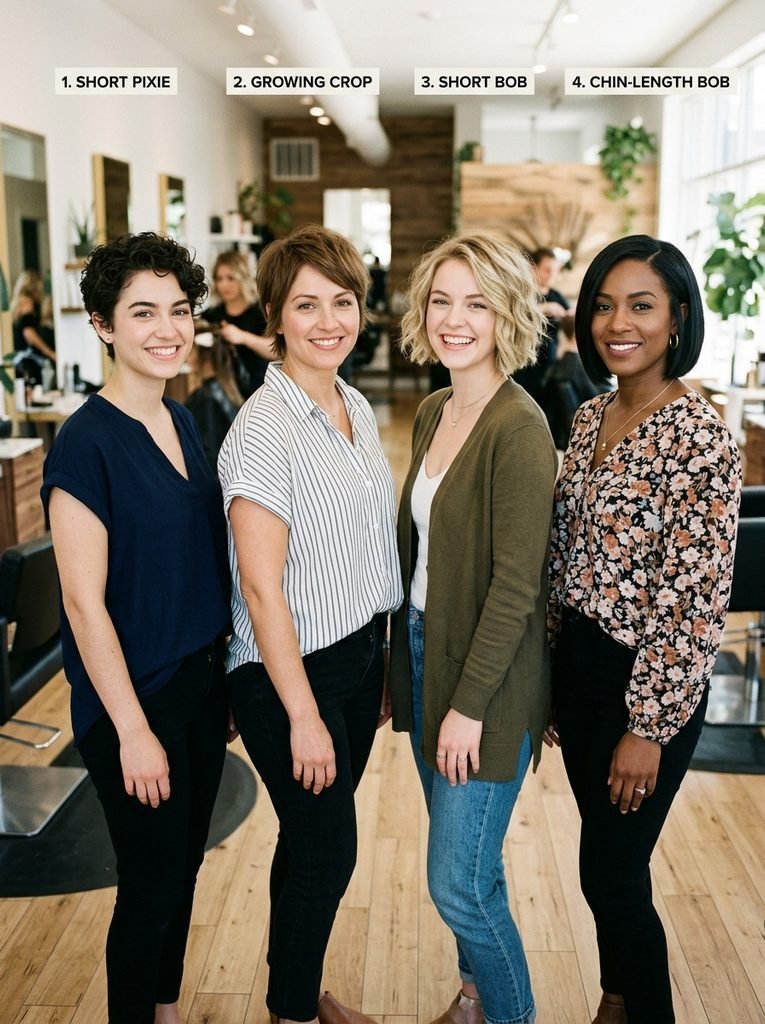 Four women showing pixie cut grow-out stages from short crop to chin-length bob