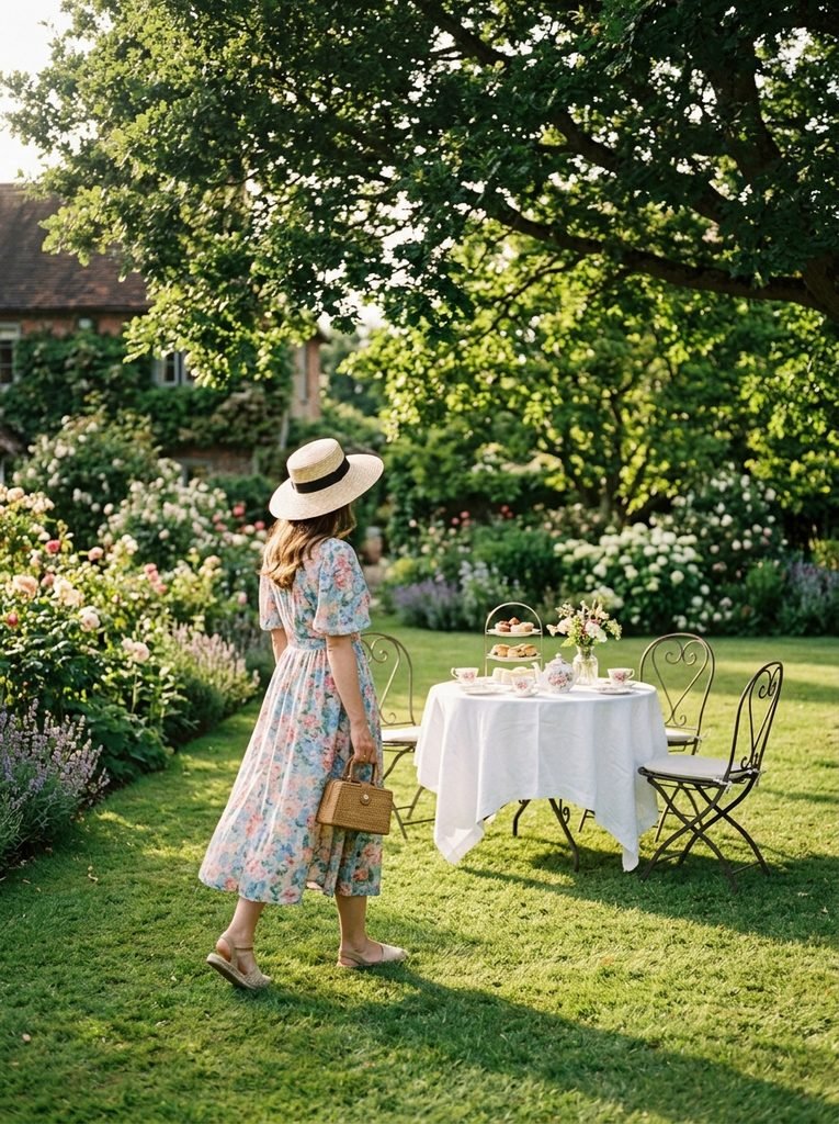 Woman in a floral midi dress and straw hat walking across a garden lawn to an afternoon tea table
