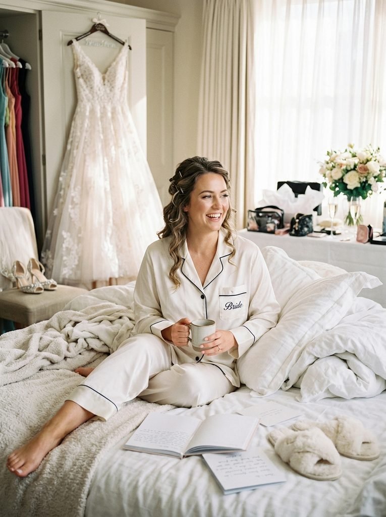 Bride in an ivory satin pajama set with navy piping relaxing on a bed on her wedding morning