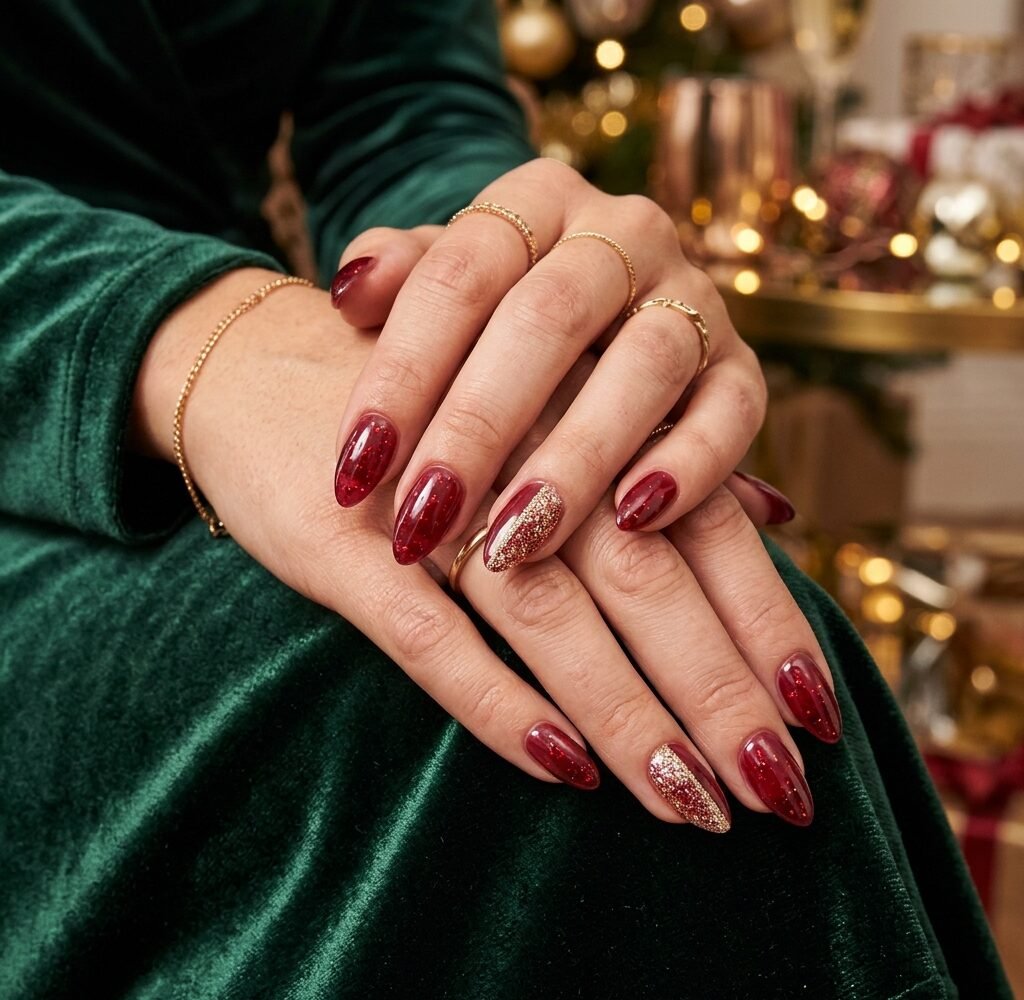 Hands with cranberry glitter jelly nails and a diagonal glitter split accent for party season