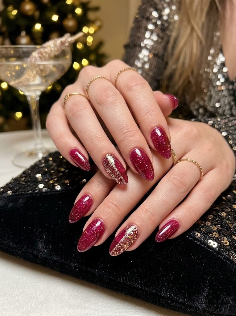 Hands with cranberry glitter jelly nails and a diagonal glitter split accent for party season