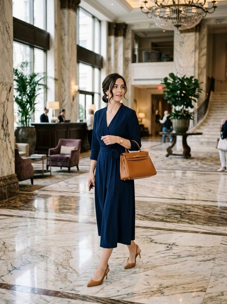 Woman in a navy midi dress with pearl earrings and a structured bag in a marble hotel lobby