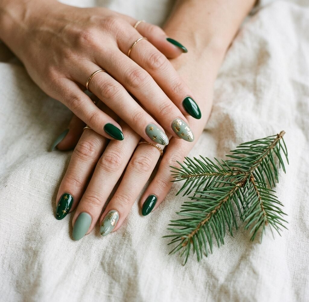 Hands with emerald and sage green Christmas nails resting on cream linen beside a pine sprig