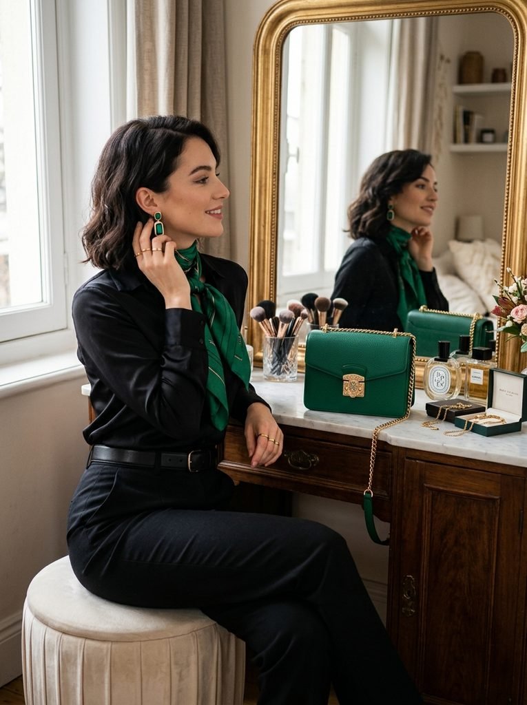 Green bag, scarf and earrings styled with an all-black outfit at a vanity