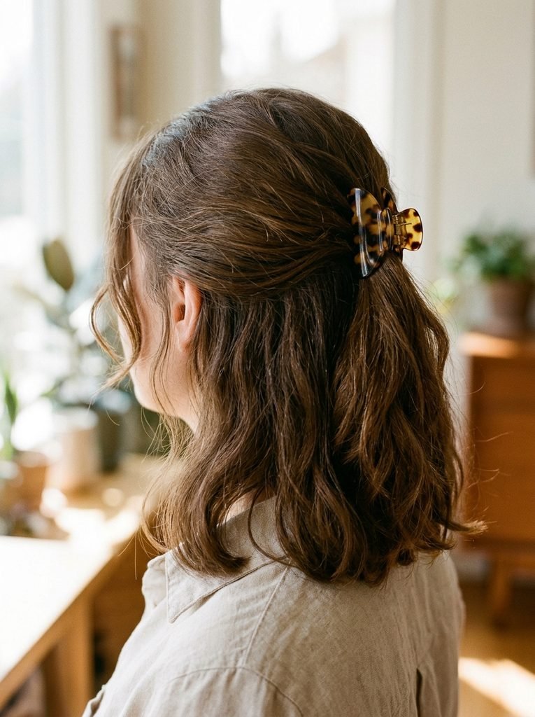 Half-up collarbone lob held with a small tortoiseshell claw clip