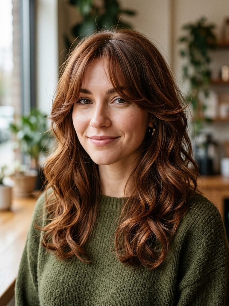 Woman with a heart shaped face and curtain bangs wearing chestnut waves that add fullness at the jaw