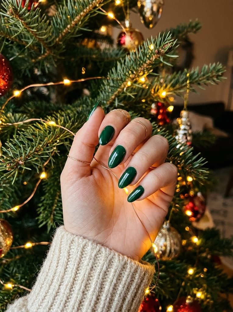 Hands with deep green nails adjusting a cream knit sweater cuff under a camel coat
