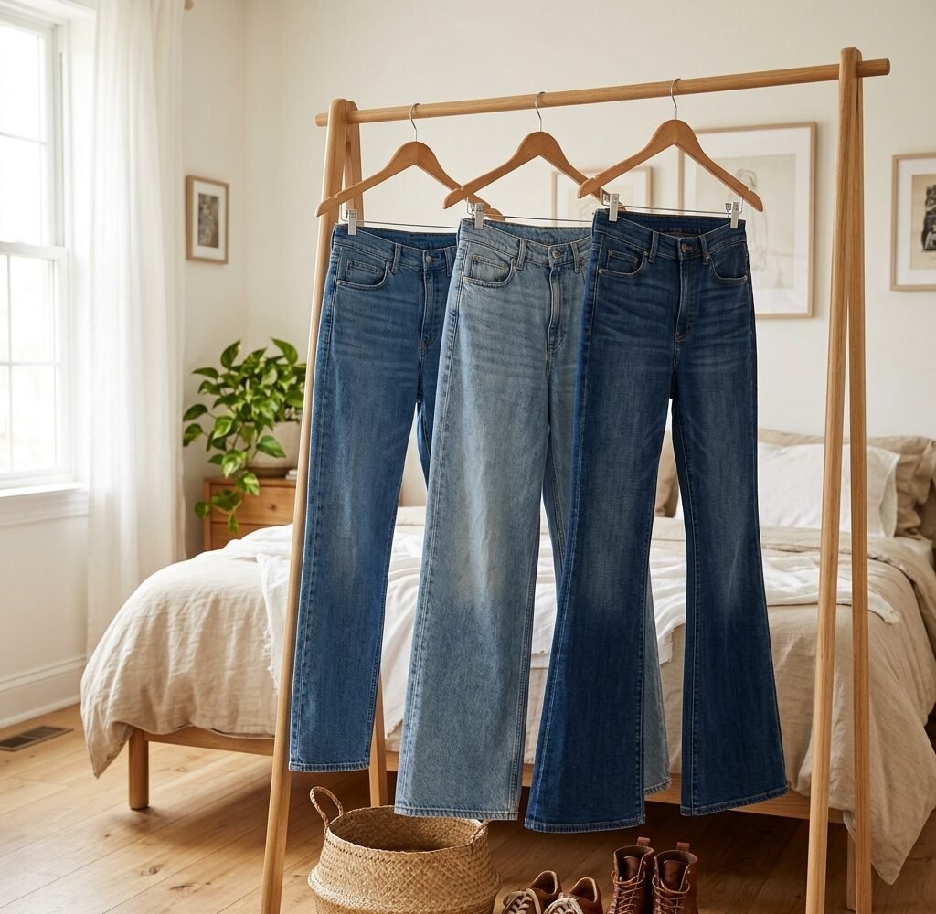 Three pairs of jeans in straight, wide-leg, and flare cuts hanging on a wooden rail in a bright bedroom