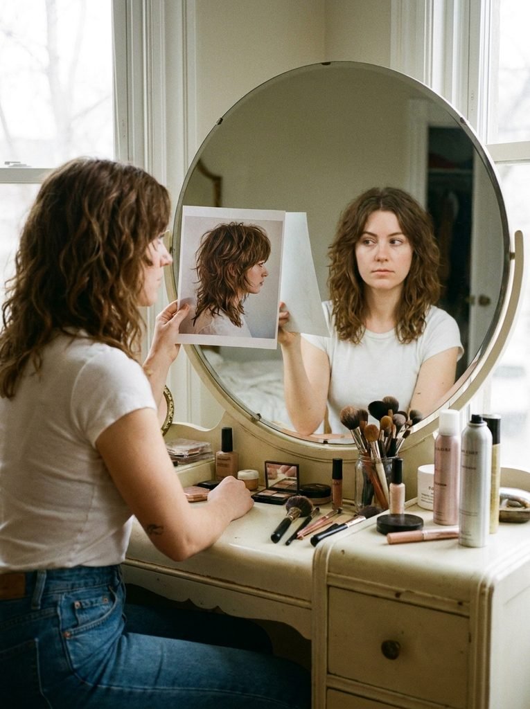 Woman at a bedroom vanity comparing a shag haircut reference photo with her own hair in the mirror