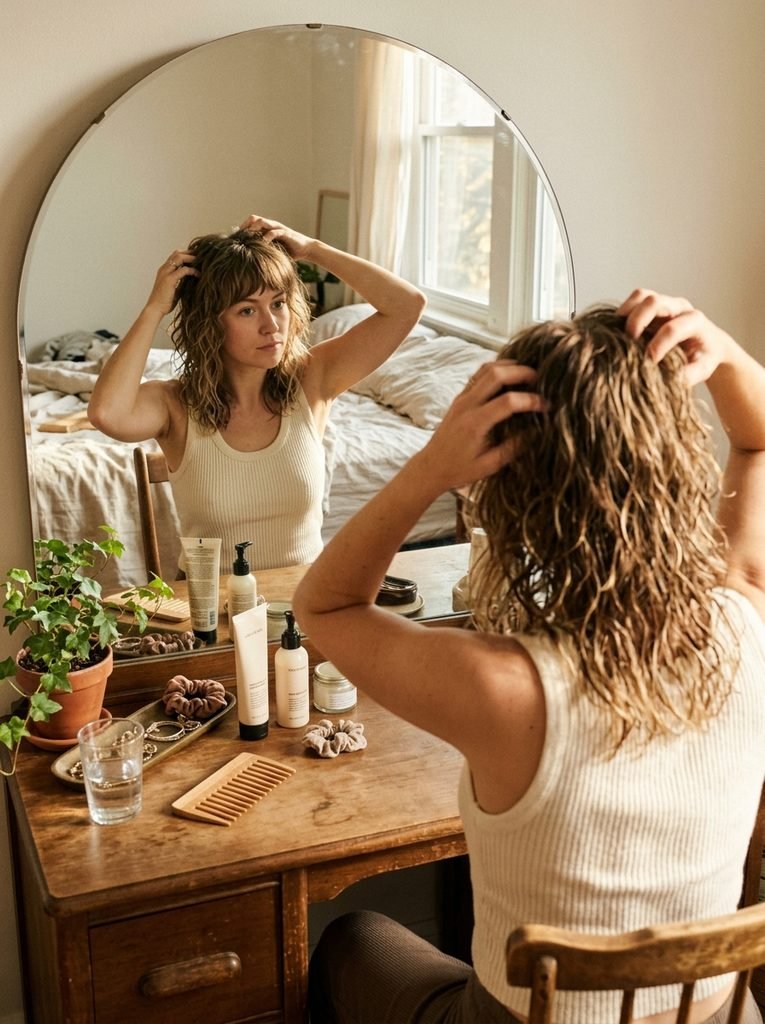 Woman scrunching cream into damp wolf cut hair at a bedroom vanity