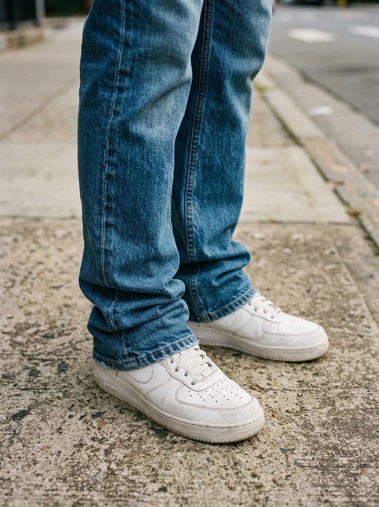 Close-up of straight jeans with a stacked hem over white sneakers on a sidewalk