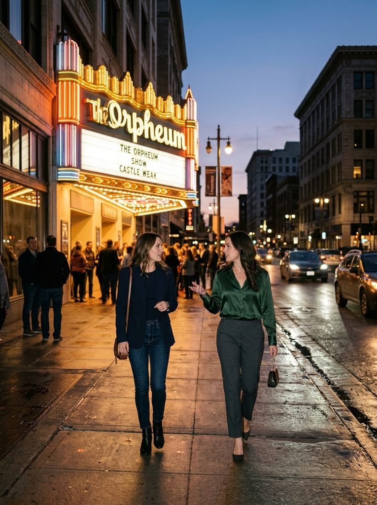 Two friends dressed in smart jeans with a blazer and satin blouse with trousers walking toward a theatre at dusk