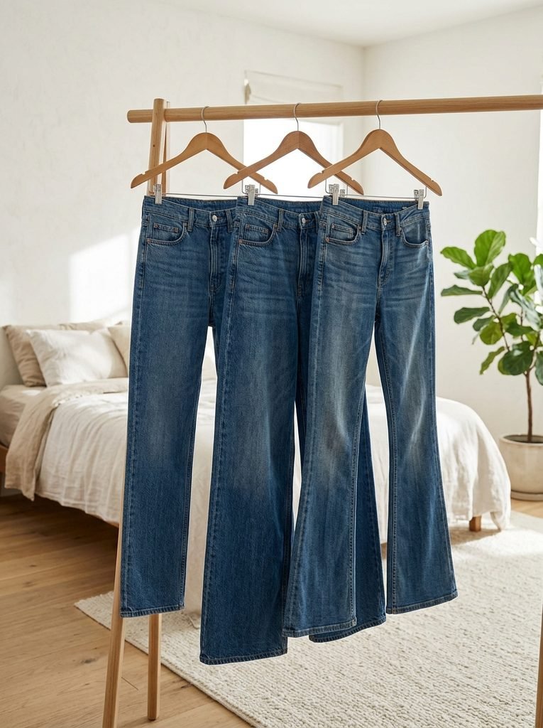 Three pairs of jeans in straight, wide-leg, and flare cuts hanging on a wooden rail in a bright bedroom
