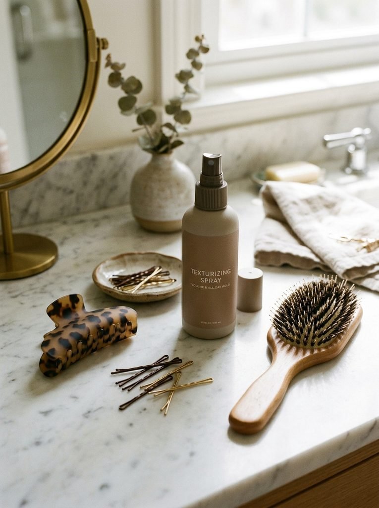 Claw clip, bobby pins, texturizing spray, and hairbrush arranged on a vanity for all-day hold