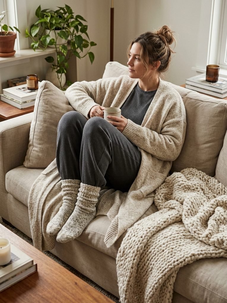 Woman on a sofa in a gray ribbed lounge set with a long oatmeal cardigan, wool socks, and a chunky knit throw