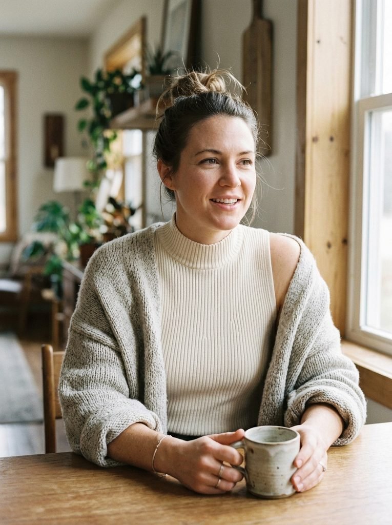 Woman in a sleeveless knit and open cardigan with pushed-up sleeves