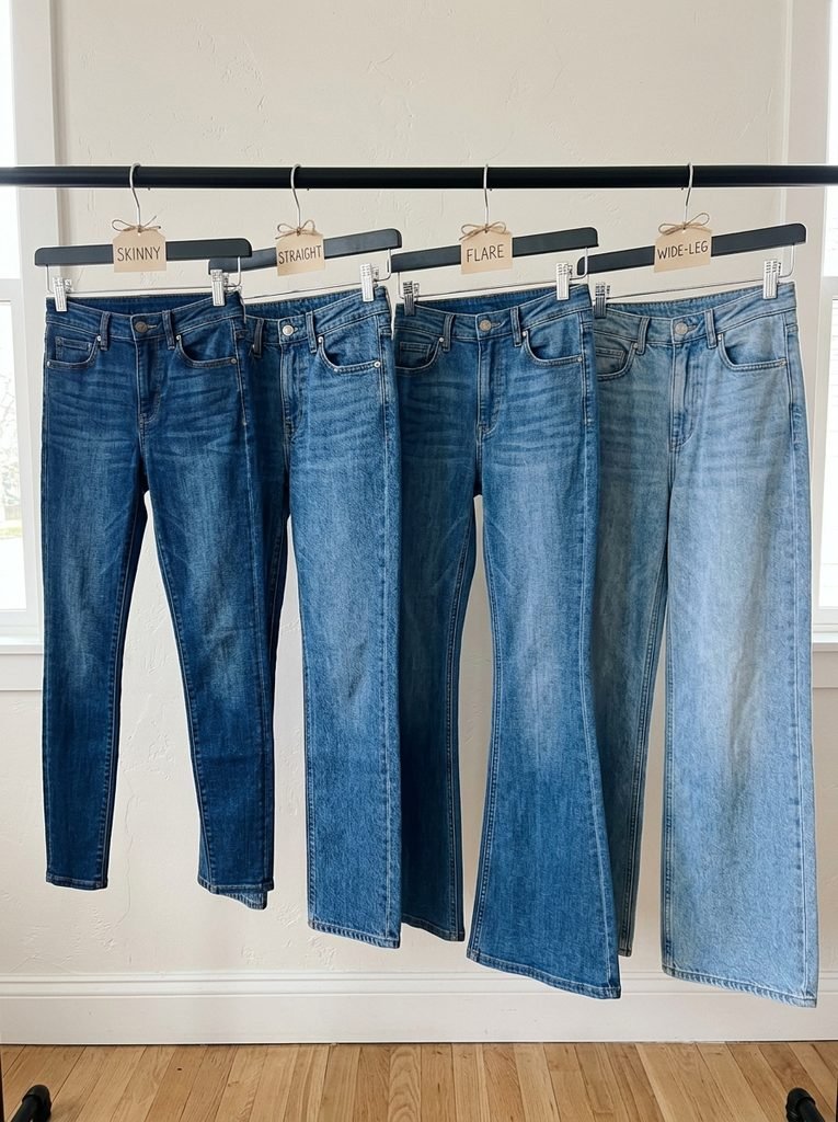 Skinny, straight, flare, and wide-leg jeans hung side by side to compare leg shapes