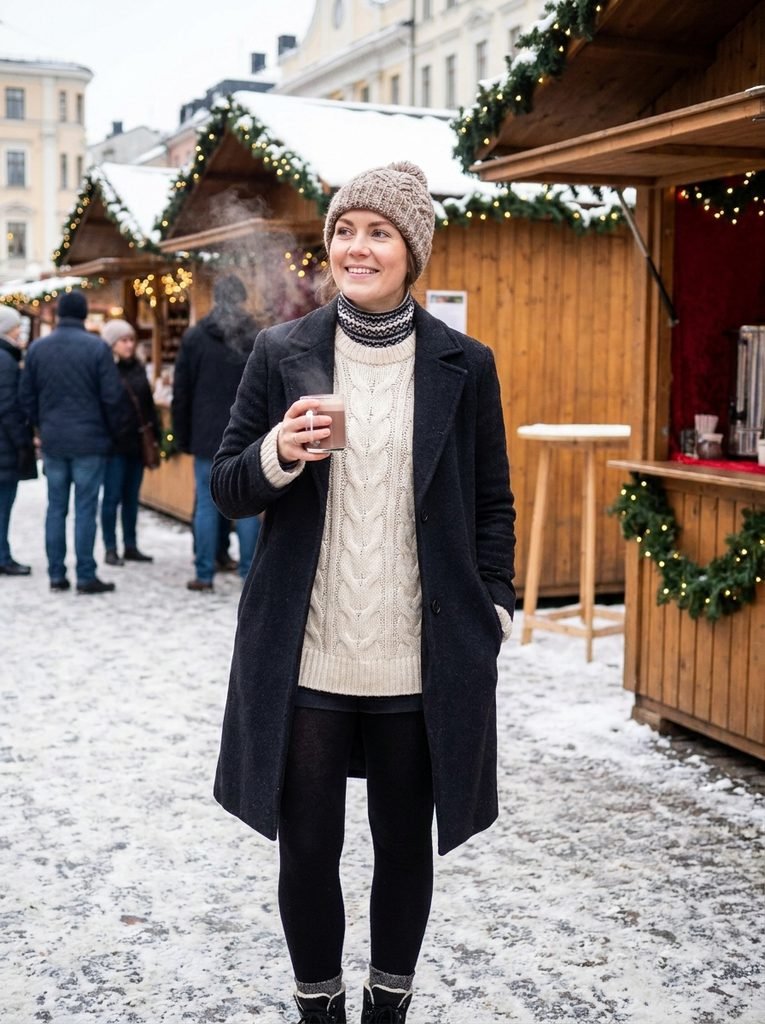 weaing woman in  winter layers including merino base layer, cable knit sweater and fleece-lined tights for a freezing Christmas market