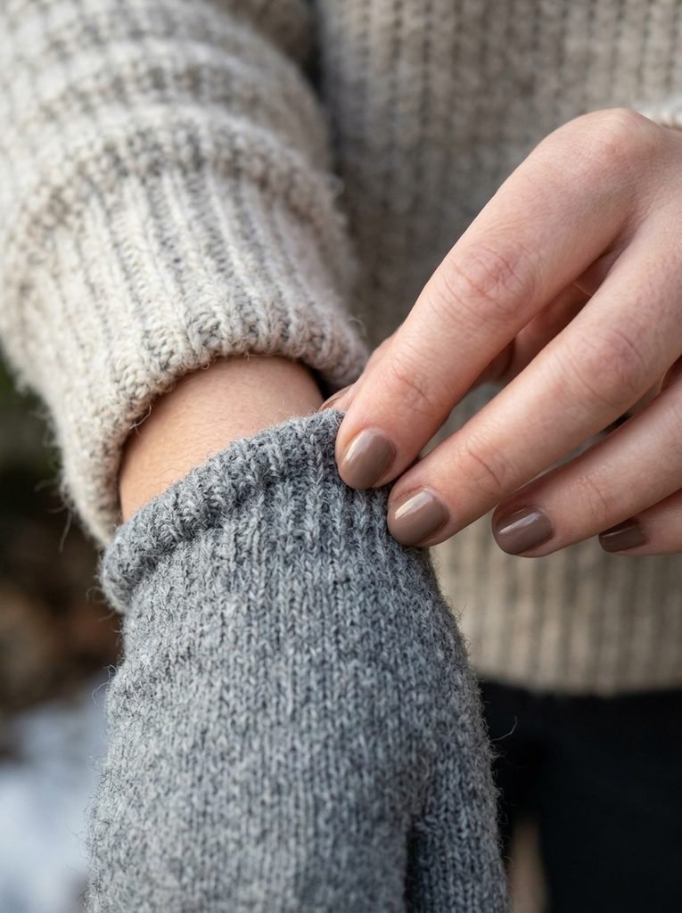Short rounded taupe nails pulling off a knit glove at a ribbed sweater cuff