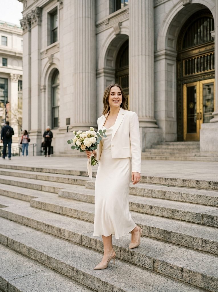 Woman in an ivory midi dress and cropped jacket holding a small bouquet on city hall steps