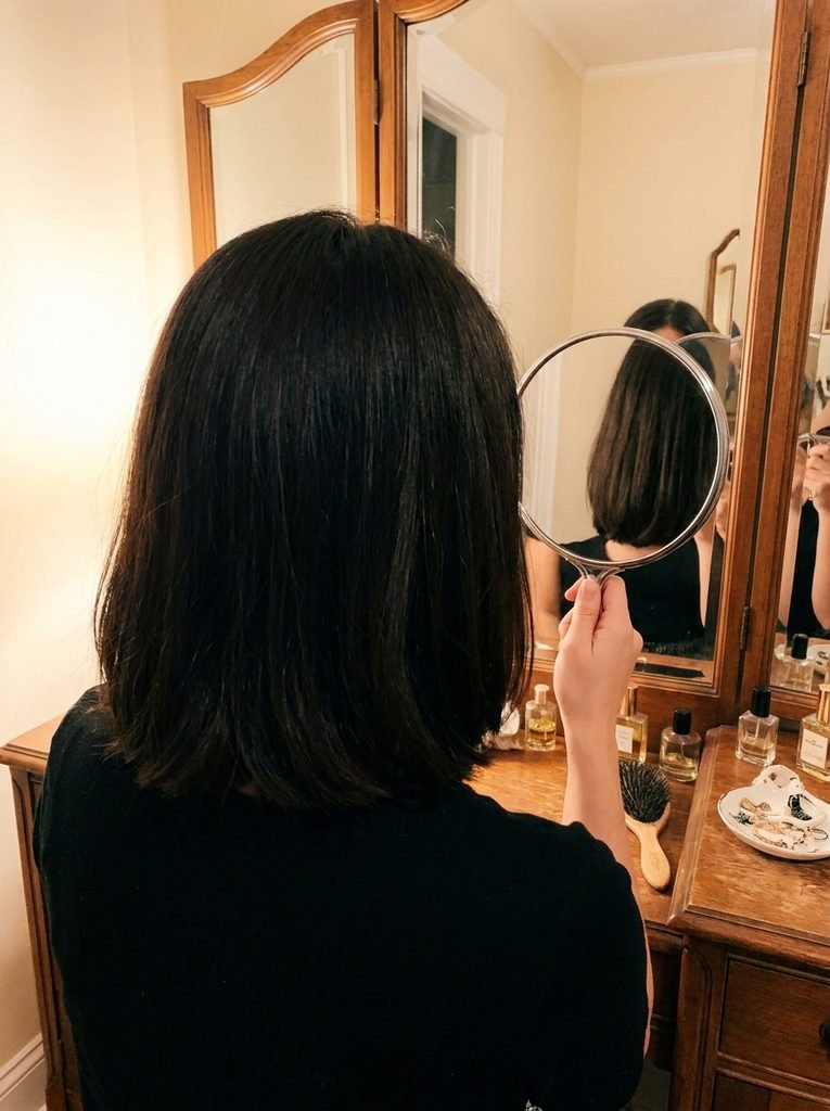 Back view of a collarbone lob haircut covering the neck, checked with a hand mirror at a vanity