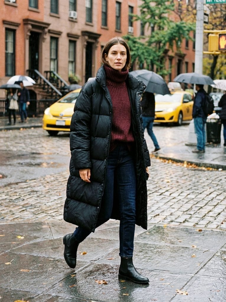 Long black puffer coat styled with a burgundy sweater, dark jeans, and leather boots on a city street