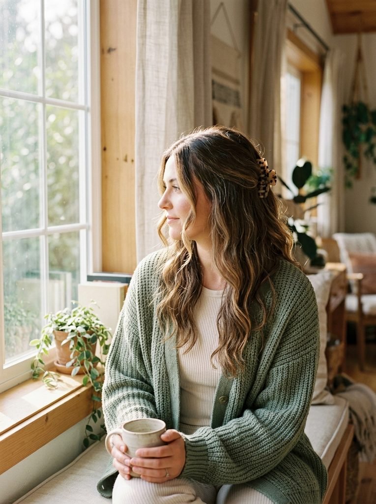 Woman with long wavy hair in a half-up claw clip style wearing a sage cardigan by a sunlit window