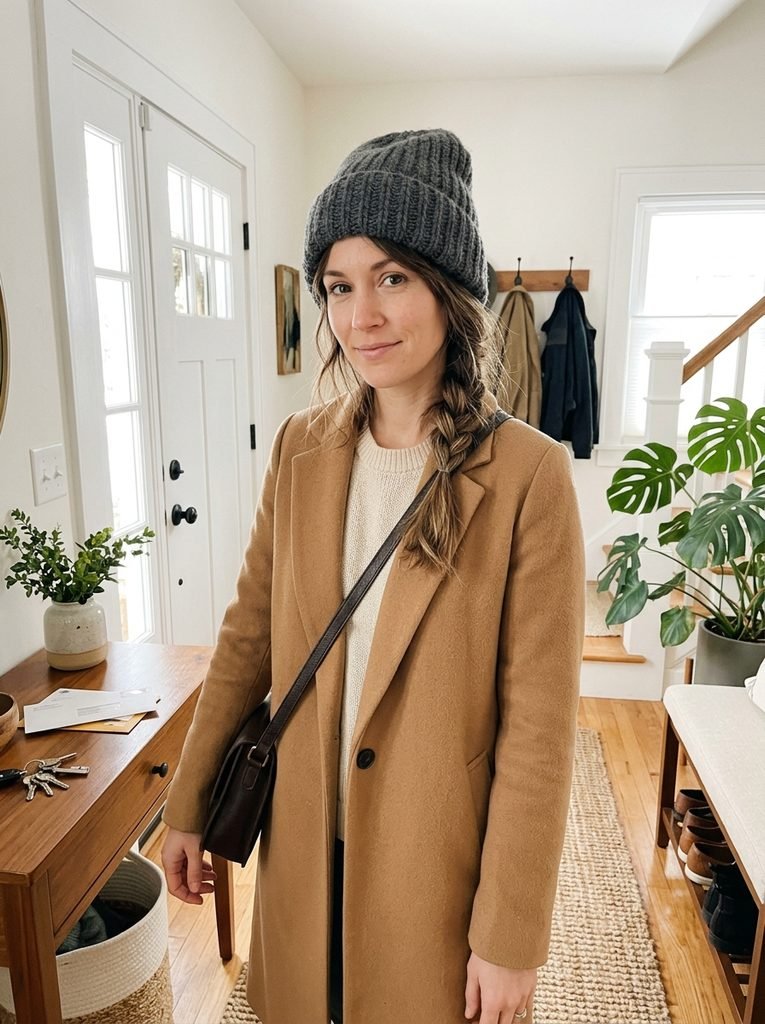 Woman with a loose low side braid wearing a charcoal beanie and camel coat in a bright entryway