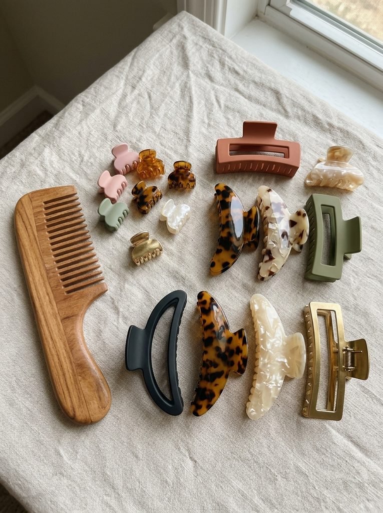 Mini, medium, and large claw clips in different finishes laid out beside a wooden comb