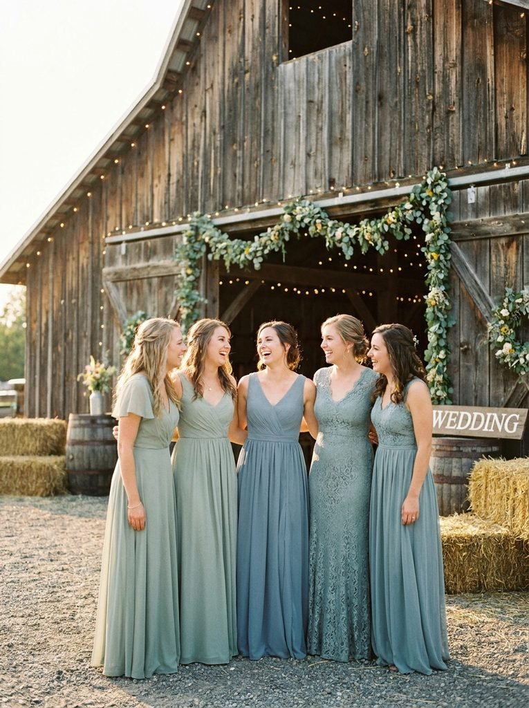 Bridesmaids in sage and dusty blue dresses at a rustic barn wedding venue