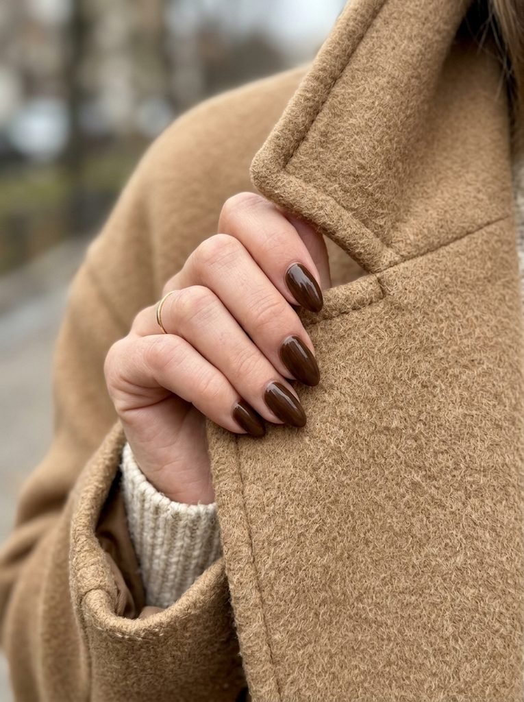 Chocolate brown nails holding the collar of a camel wool coat
