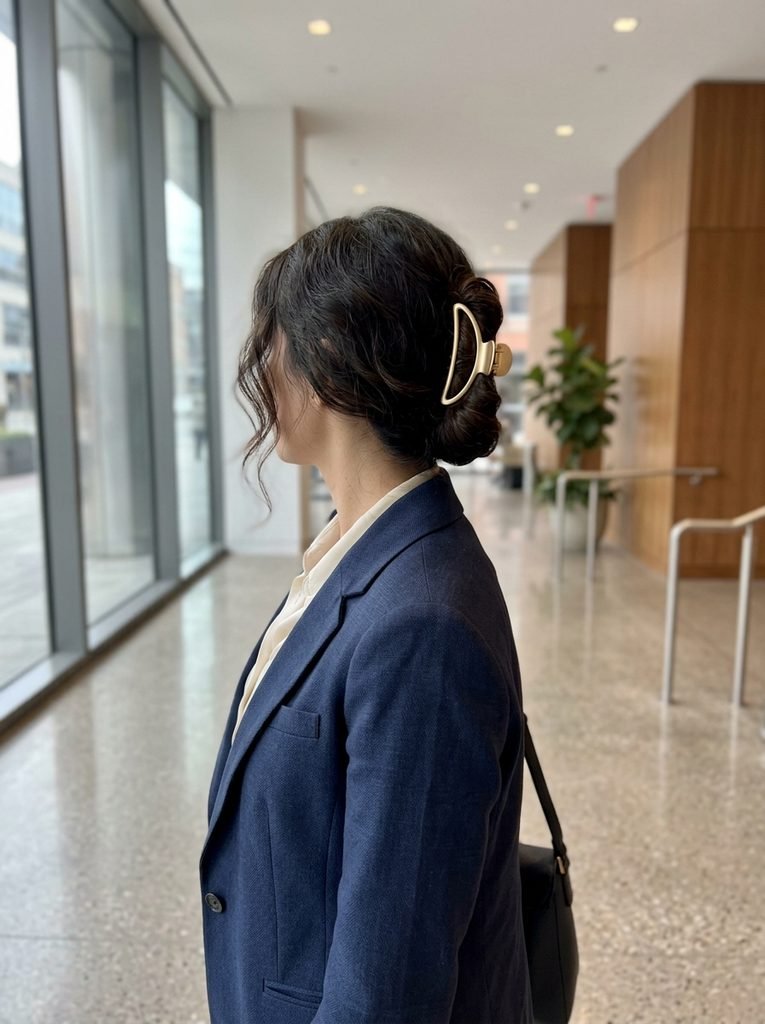 Woman in a navy blazer with a low chignon held by a gold-tone claw clip in a modern corridor