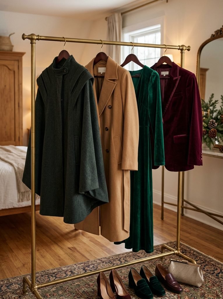 Wool cape, camel coat, velvet dress and velvet blazer hanging together for winter wedding guest outfits