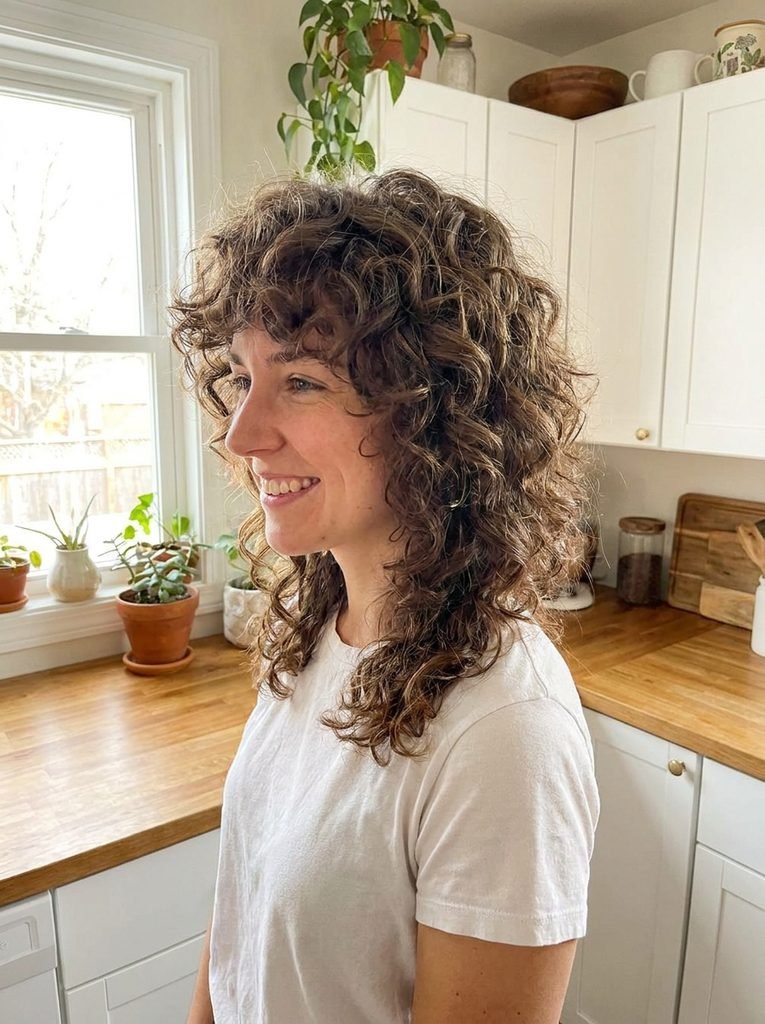 Woman with a curly shag haircut and rounded layered curls in a bright home kitchen