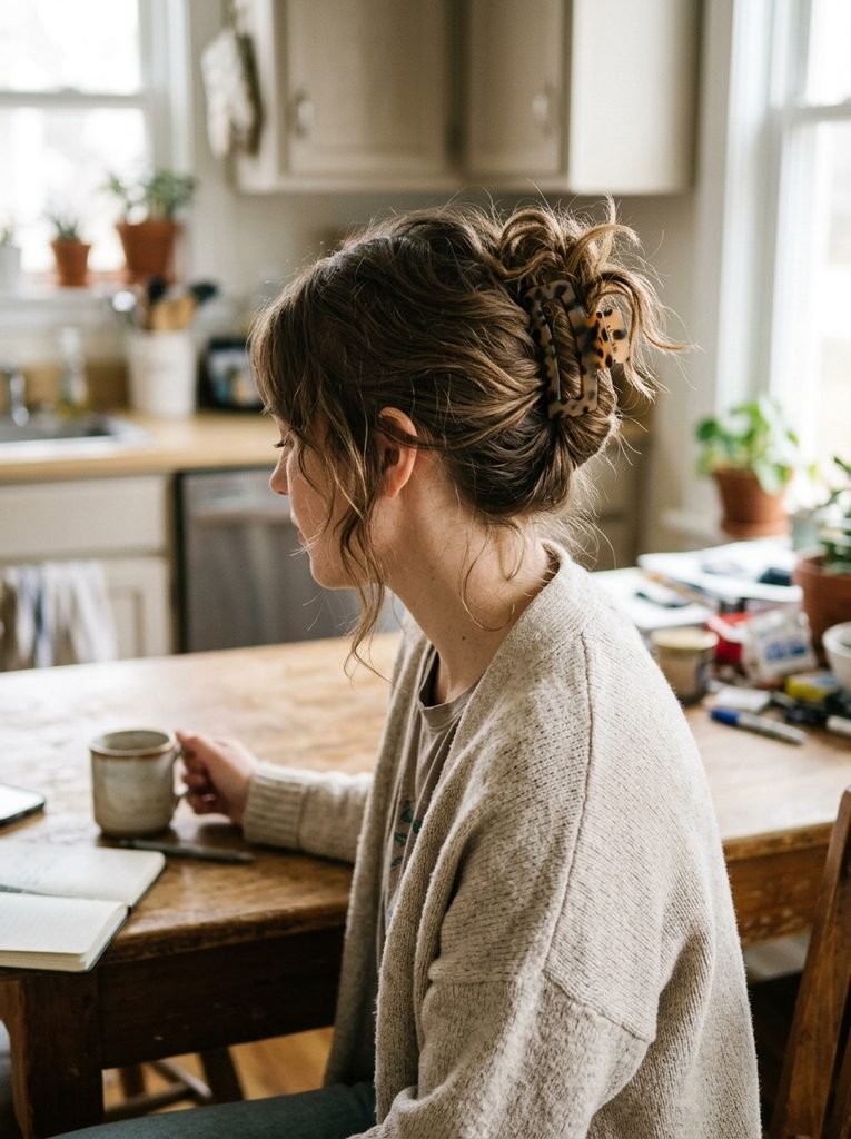 Woman with shoulder-length hair in a messy twisted claw clip updo seated at a kitchen table