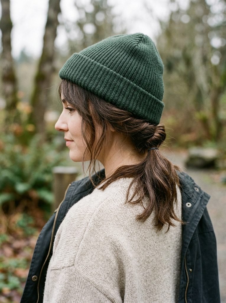 Woman with shoulder-length hair in a low twisted ponytail under a dark green beanie with face-framing strands