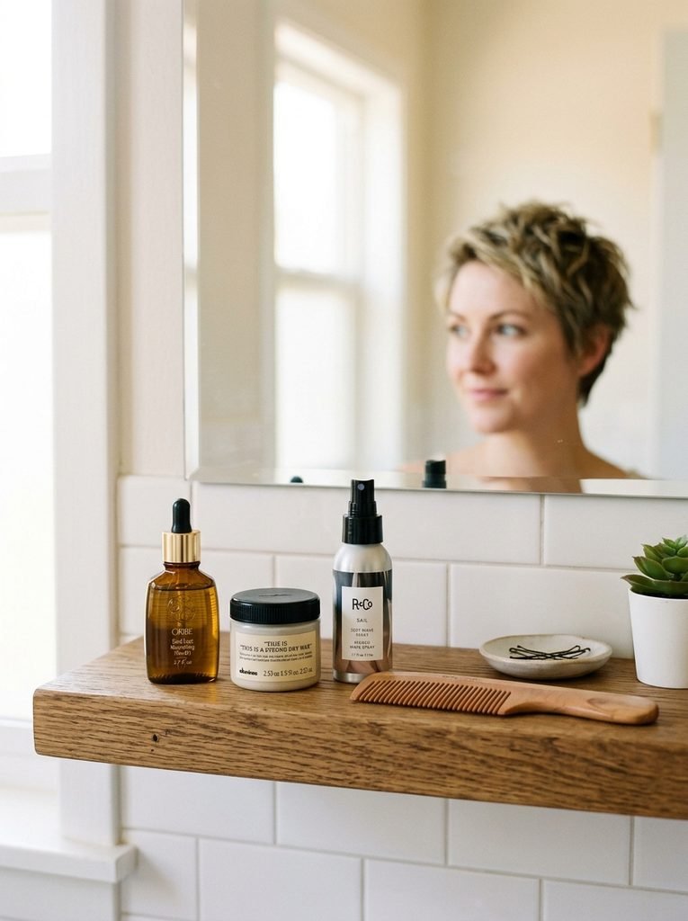 Minimal light styling products and comb for a growing-out pixie on a bathroom shelf