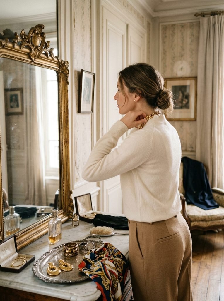 Woman removing extra accessories in front of a mirror to keep an old money outfit natural
