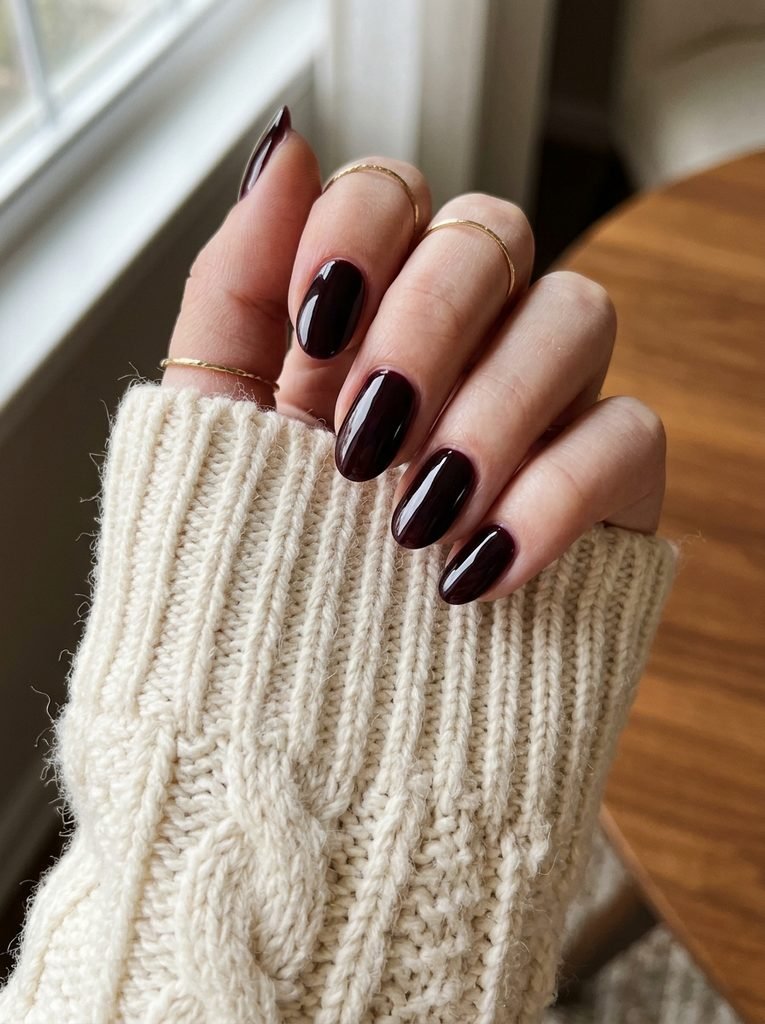 Black cherry nails against an ivory cable-knit sweater sleeve