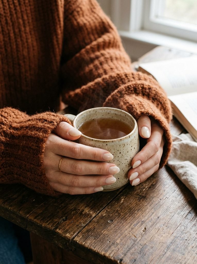 Milky ivory nails with a rust chunky knit sweater and a cup of tea