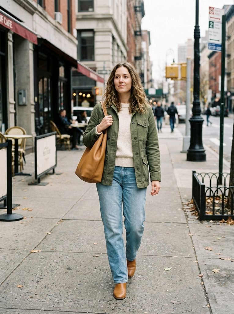 Woman in an olive green jacket, cream sweater, and light-wash jeans walking down a city street with a camel tote