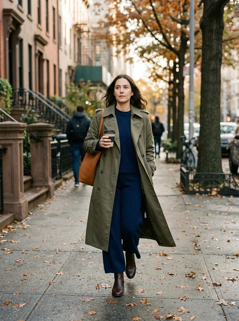 Woman in an olive trench coat over a navy knit set walking to work on a cool autumn morning