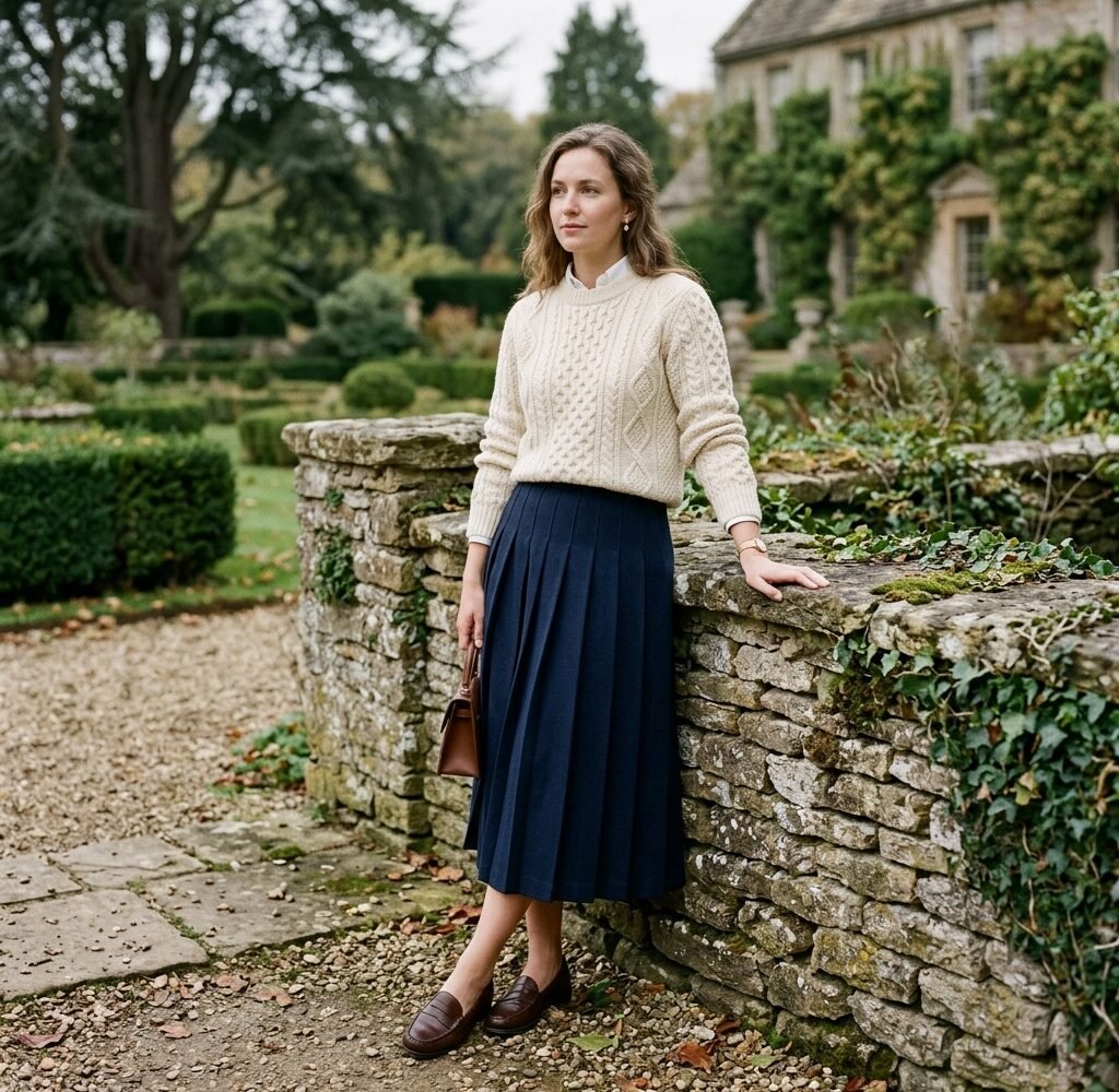 Woman in a cream cable-knit sweater, navy pleated skirt, and loafers in an old money outfit by a stone garden wall