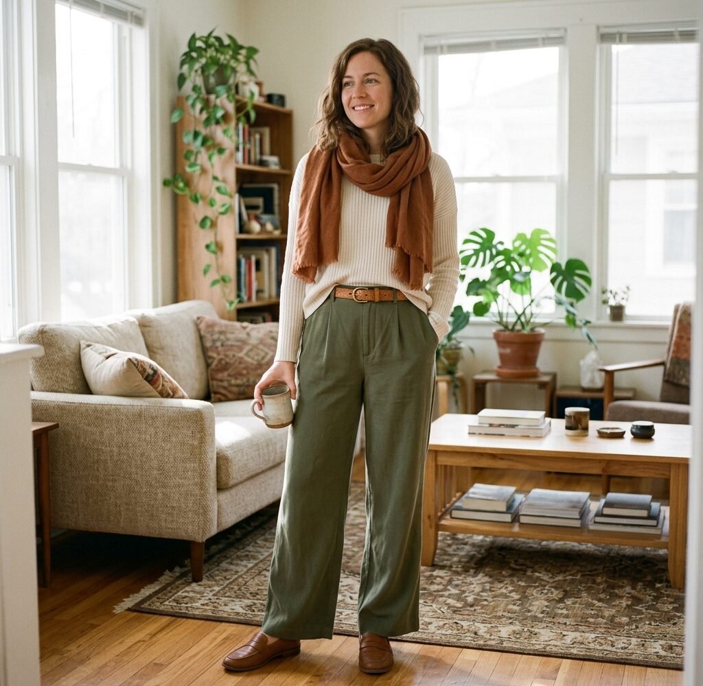 Woman wearing olive green wide-leg trousers with a cream knit top, tan belt, and rust scarf in a bright home interior