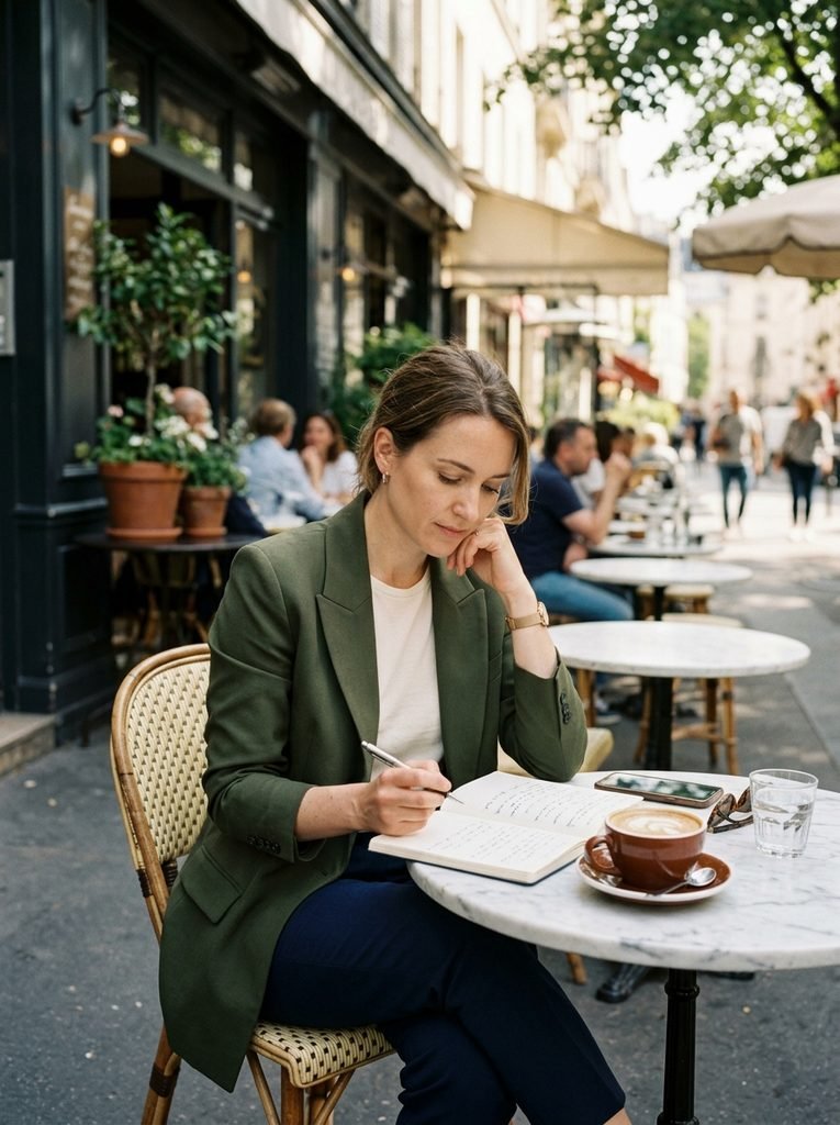Woman in a deep olive blazer, ivory top, and navy trousers sitting at a cafe table with coffee and a notebook