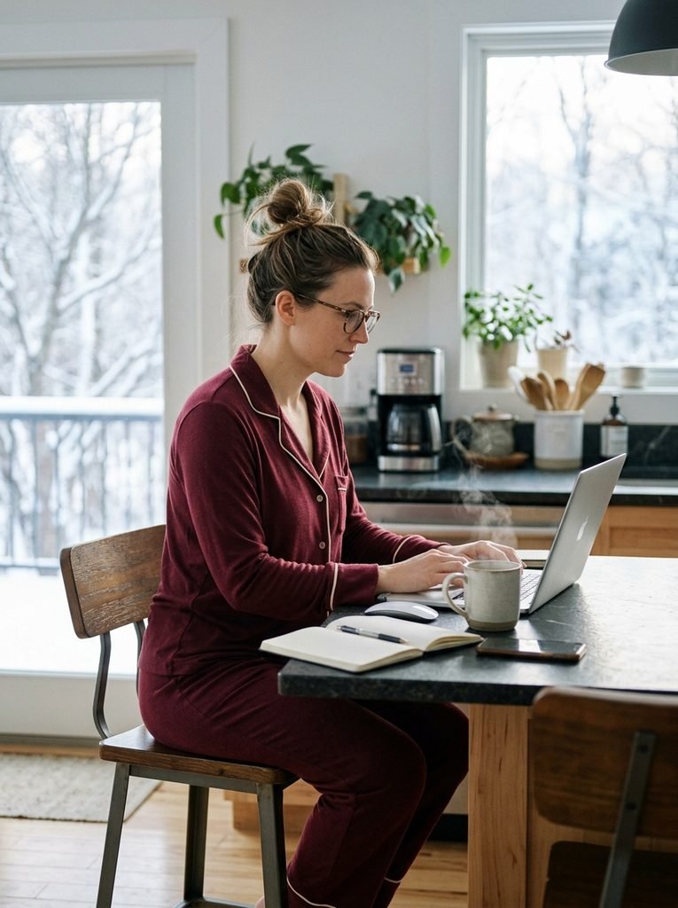 Woman in a burgundy piped lounge set working from home at a kitchen counter on a winter morning