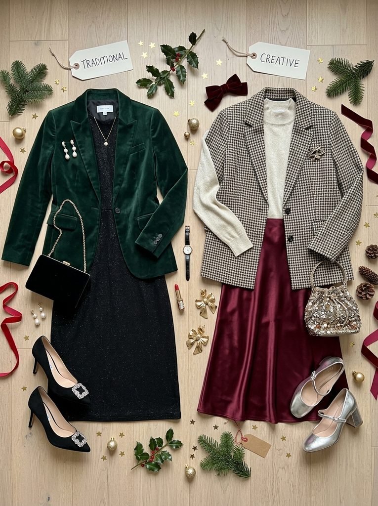 flat lay of traditional and creative work Christmas party outfit formulas with blazer, dress and satin skirt
